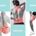 Hombre señalando musculos doloridos y lesionados con foco rojo en la zona